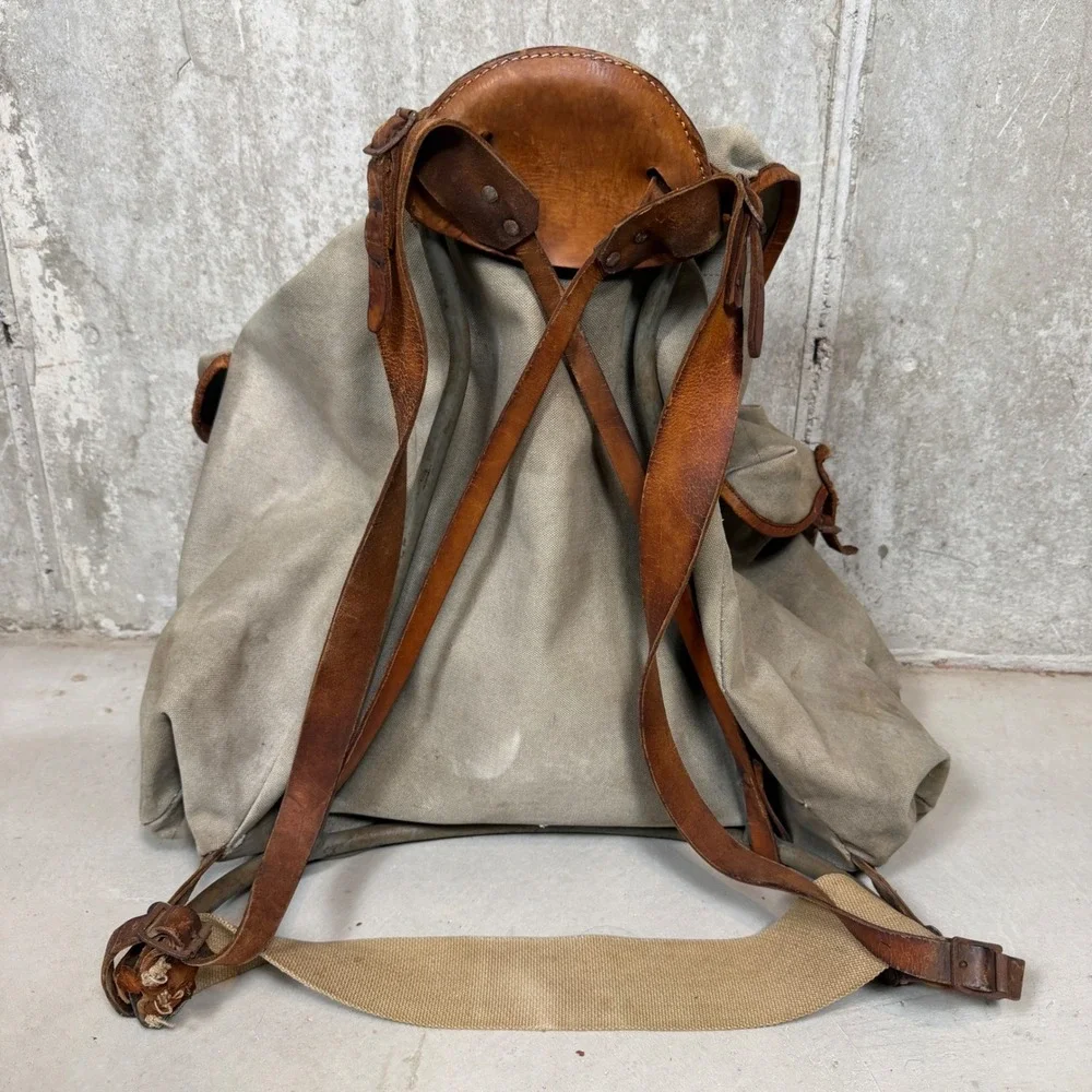 Vintage 50s Military Canvas Rucksack Leather Trim Backpack Olive Drab Norway